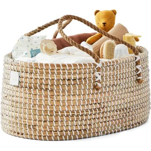 Baby Diaper Caddy Organizer - Handmade Organic Seagrass - Luxury Diaper Caddy Basket - Cute Diaper Caddy for Baby Girl & Diaper Caddy for Baby Boy - White (Natural)