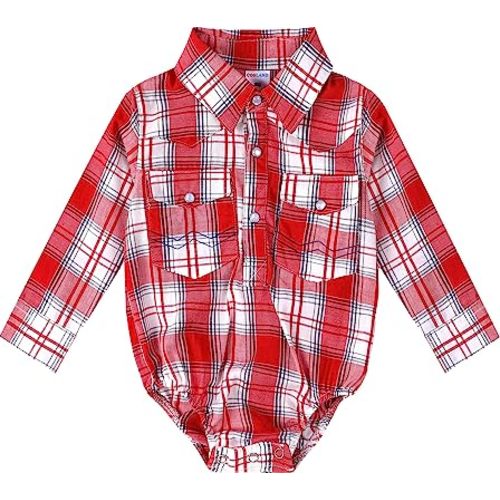 COSLAND Baby Boys' Western Cotton Plaid Bodysuit, Infant Cowboy Jumpsuit, 0-18 Months