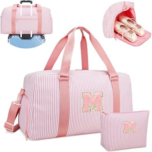Birthday Gifts for Teen Girls - Initial Travel Duffle Bags, Personalized Overnight Weekender Bags with Shoe Compartment, Kids Gym Dance Bag, Carry On Bag, Gifts for Girls Women (Pink, M)