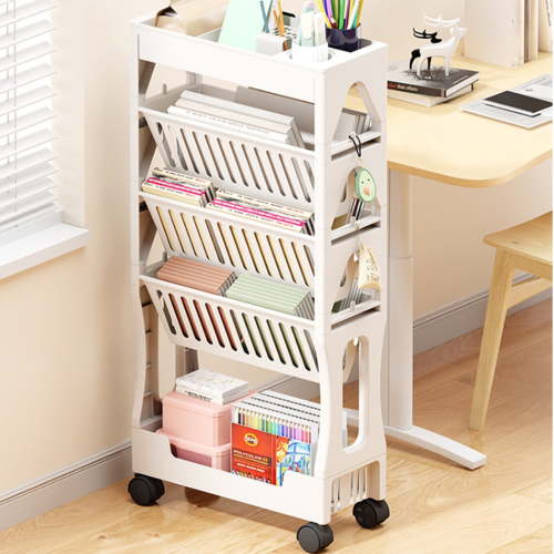 5 Tier Book Rack Storage Bookshelf,Plastic Removable Rolling Utility Cart Multi-Functional Movable Storage Book Shelves with Lockable Casters for Students Study Office Classroom
