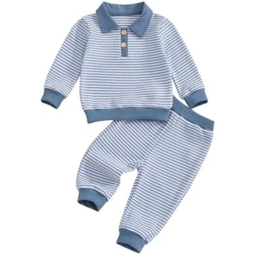 VISGOGO Baby Boy Clothes Toddler Fall Winter Outfit Sweater Toddler Boy Striped Clothes 6 12 18 Months 2 3T 4T Pant Set