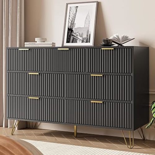 Black 7 Drawer Dresser for Bedroom, Fluted Dresser with Gold metal Handles
