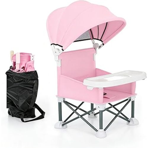 Portable Baby Chair Compact Fold | 4-in-1 Travel Booster Seat with Tray Awning| Foldable High Chair with Safety Belt | Baby Booster Seat for Camping, Beach, Lawn | Baby Seat Booster High Chair (Pink)