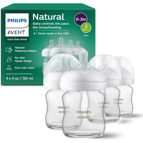 Philips Avent Natural Glass Baby Bottles with Natural Response Nipples (Slow Flow, Flow 2), 4oz, 4-Pack, SCY910/04