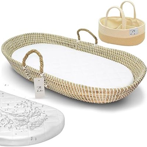 ZEAL'N LIFE Baby Changing Basket, Seagrass Basket with Diaper Basket & Baby Changing Pad with Changing Pad Cover - Moses Baskets for Newborn, Changing Table, Moses Basket for Newborns (31 Inch)
