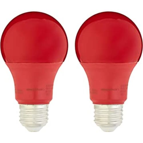 Amazon Basics A19 Red Color Party LED Light Bulb, 60 Watt Equivalent, Energy Efficient 9W, E26 Standard Base, Non-Dimmable, 10,000 Hour Lifetime, 2-Pack