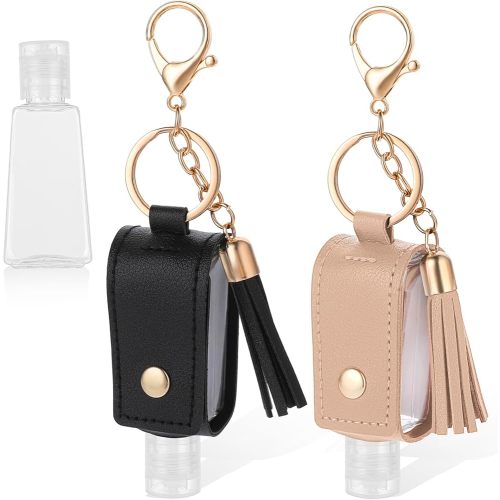 2 Pcs Portable Hand Sanitizer Bottles with Keychain, Refillable Travel Size 1oz/30ml Squeeze Containers for Toiletry, Lotion, Liquid Soap, Shampoo (Black+Khaki)