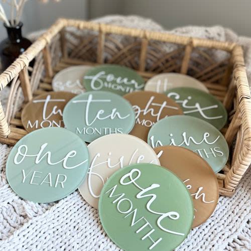 Earthy Tones Acrylic Baby 4&quot; Milestone Marker for Baby First Year, Monthly Baby Photo Prop, Custom Baby Name Plaque Hello World New Mom Gift