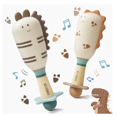 Evoceler Baby Toys, 2 Pac Dinosaur Rattles & Shaker Toys with Teether, Baby Maracas Sensory Toys for 0+M Babies, Soft Silicone BPA Free, Perfect Size for Grasp and Shake, Ideal Baby Boy Girl Toy Gift