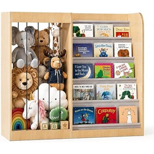 Natural Kids Bookshelf & Stuffed Animal Zoo Net Holder Plush Toy Storage Organizer Elastic Band Child Bookcase Toddler Sling Book Rack Display Playroom Bedroom Nursery Infant Boy Girl Classroom