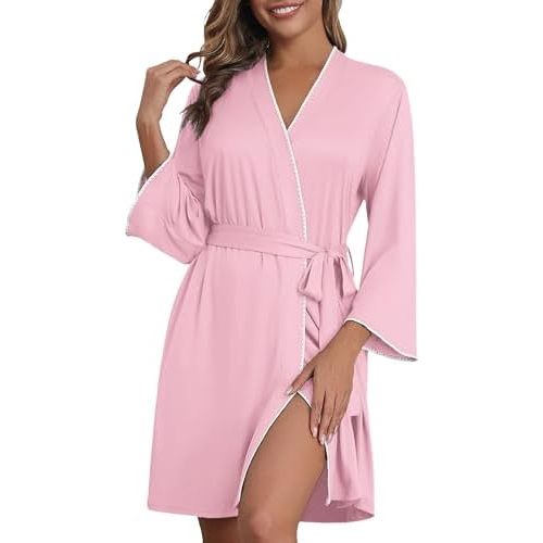 Ekouaer Robes for Women Knee Length Kimono Bathrobe 3/4 Sleeve Sleep Robe Cozy Sleepwear with Pockets S-XXL