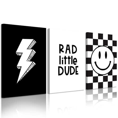 Boys Room Wall Art Decor Set of 3 Toddler Nursery Canvas Wall Art Baby Kids Wall Decor Black Checkered Smiley Poster Pictures Retro Playroom Rad Little Dud Art Prints for Bedroom 12x16 Inch Framed