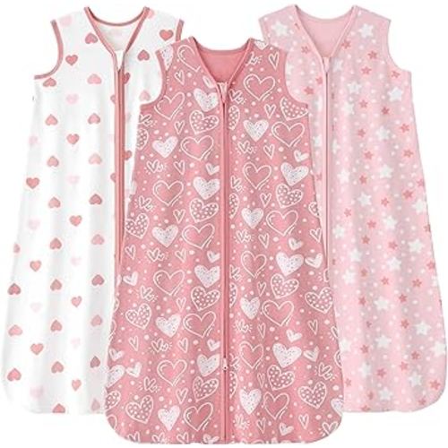 Baby Sleep Sack 0-6 Months, 100% Cotton Sleeping Sack for Newborn and Infant, 3 Pack Baby Wearable Blanket for Boy and Girl, 0.5 Tog Lightweight Double Zipper Sleep Bag Pink Heart