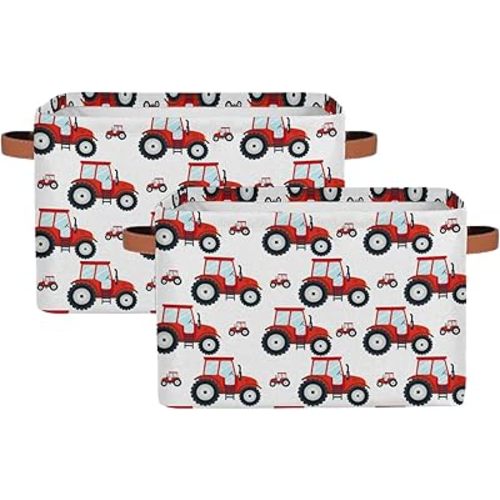 Red Tractor Rectangle Storage Basket Truck Car Foldable Storage Bin Cubes with Handles Large Organizer Bins Boxes Toy Closet Shelf Nursery Laundry Basket Home Decor