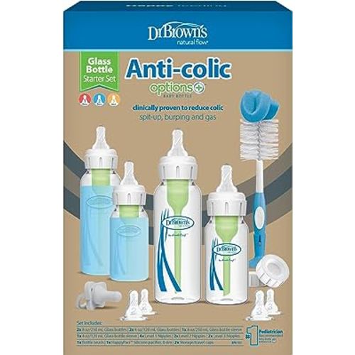 Dr. Brown's Natural Flow® Anti-Colic Options+™ Narrow Glass Baby Bottle Starter Set with Silicone Sleeves,Brush and Soft 100% Silicone HappyPaci™ Pacifier for Newborns