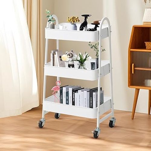 3 Tier Metal Rolling Cart with Handle and Lockable Wheel, Multifunctional Utility Cart on Wheel, Heavy Duty Storage Cart with Handle (White)