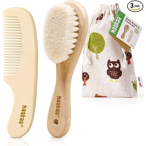 haakaa Baby Hair Brush and Comb Set for Newborns & Toddlers, Natural Hair Comb Wooden Comb Perfect Baby Shower and Registry Gift - Ideal for Cradle Cap - Wooden Baby Hair Brush and Comb Set