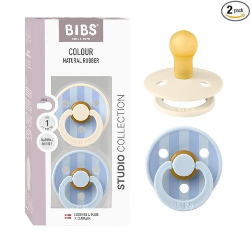BIBS Pacifiers - Studio 2 Pack | Round Nipple Baby Pacifier | BPA Free Natural Rubber Latex Soother | Made in Denmark | Size 0+ Months | Block Baby Blue Dusty Blue
