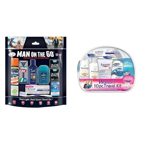 Convenience Kits International Men's 11 Piece Travel Kit with Grooming Essentials and Women's 10 Piece Deluxe Travel Kit with TSA Compliant Toiletries