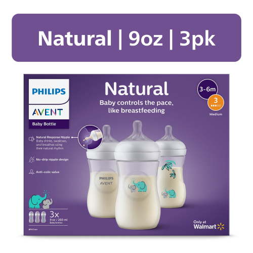Philips Avent Natural Baby Bottle with Natural Response Nipple, Teal Elephant, 9oz, 3pk, SCY903/69