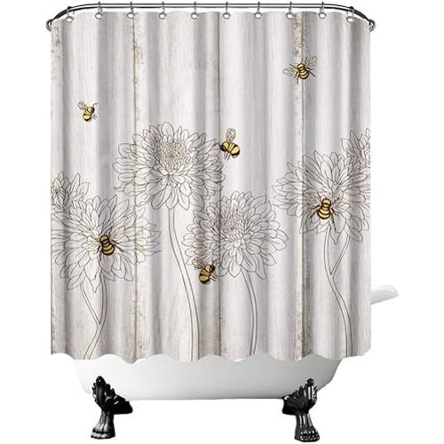 FuShvre Bee Shower Curtain Bumble Bee Floral Bathroom Decor for Farmhouse Honey Bee Bath Curtain Set Waterproof Fabric Hooks Included 72" x 72"