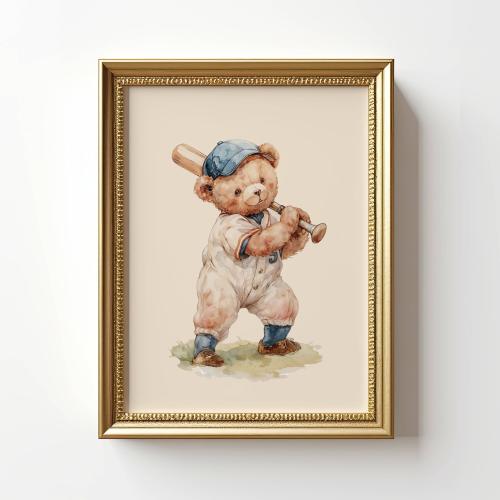 Vintage Baseball Teddy Bear Wall Art, Adorable Bear in Classic Baseball Uniform, Charming Decor for Kids Room, Nursery, or Sports Lovers