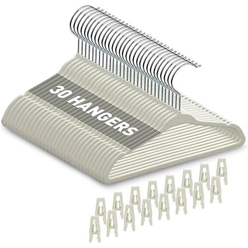 Velvet Baby Hangers with Clips (30 Pack) | 11” Ultra-Slim Baby Clothes Hangers | Non-Slip Felt | Space-Saving Nursery & Infant Closet Organizer | Beige