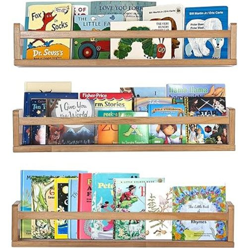 Set of 3, 24 Inch - AZSKY Light Walnut Floating Shelves - Baby Nursery Decor Wall Book Shelves for Kids Room & Bathroom Decor
