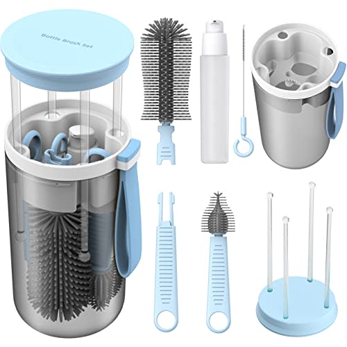 WHNL Travel Baby Bottle Brush Set with Bottle Cleaner Brush Set and Drying Rack,Gift for Newborn Mothers, Suitable for Travel and Home(Blue)