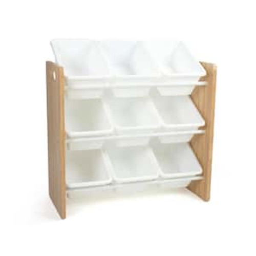 Journey Kids Toy Storage Organizer with 9-Plastic Storage Bins, Natural Brown Wood/White