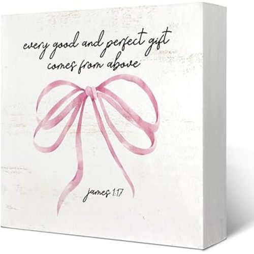 Bible Verse Artwork Wood Box Sign, Preppy Pink Bow James 1:17 Decor, Every Good and Perfect Comes from Above Religious Decor, Home Office Desk Sign for Presents 5x5