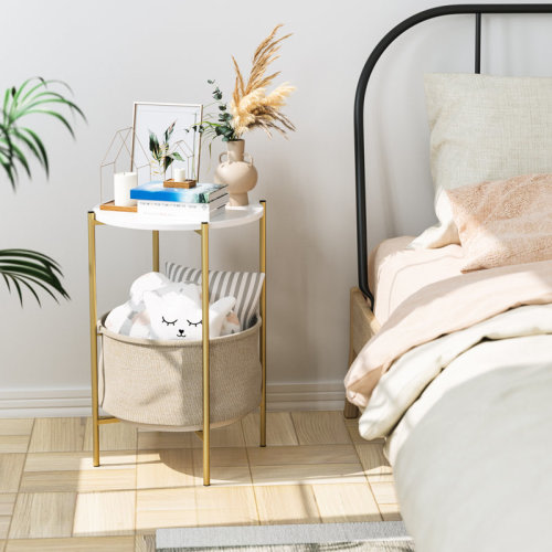 17 Stories Kedesha Iron 23.6"H 15.3" W Nightstand, Round Side Table with Cloth Basket and Removable Top & Reviews | Wayfair