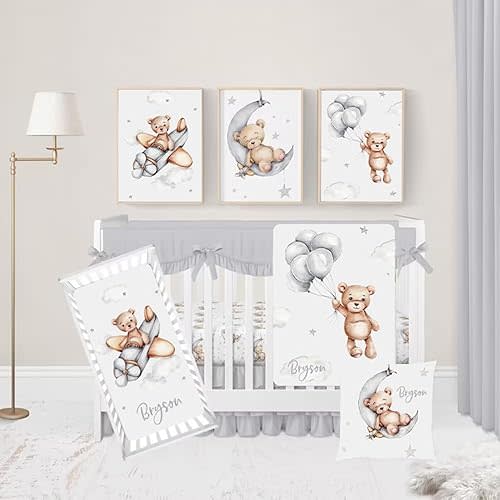 Custom Nursery Crib Bedding Set, Bear Theme Personalized Name Baby Bedding 3 Pcs Set - Fitted Sheet, Pillow Case, Blanket for Boys (Grey), Option