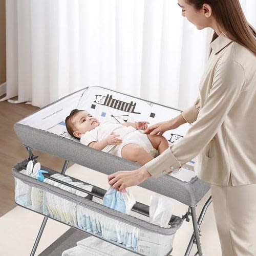 Maydolly Baby Changing Table with Wheels,Portable Adjustable Height Folding Diaper Station with Nursery Organizer & Storage Rack for Newborn Baby and Infant - Grey