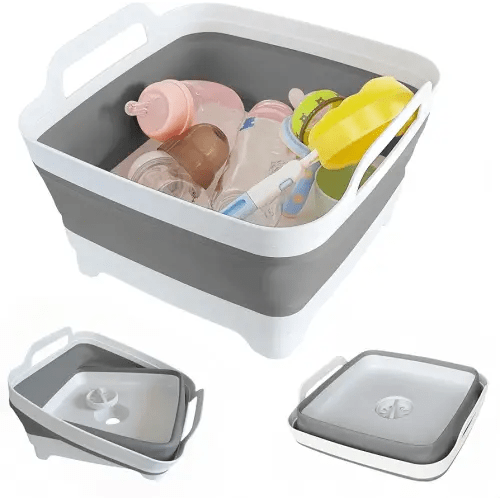 Collapsible Wash Basin for Baby Bottles - 2.4 Gallons Portable Wash Bin for RV Camping Sink, Space-Saving Dish Tub (Gray)