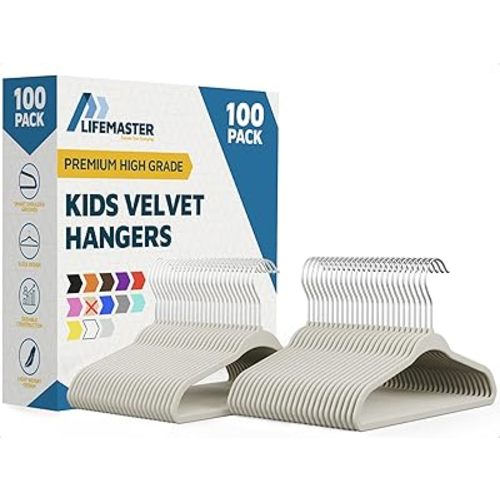 Ivory Velvet Kids Hangers 100 Pack, 10.83" Non-Slip Baby & Toddler Hangers for Clothes, Space-Saving Slim ABS Plastic with 360° Swivel Hook & Notched Shoulders, Up to 10 lb Capacity