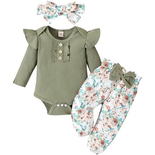 Baby Girl Clothes Newborn Infant Outfits Ruffle Romper+ Floral Pants + Cute Headband Sets for Girls