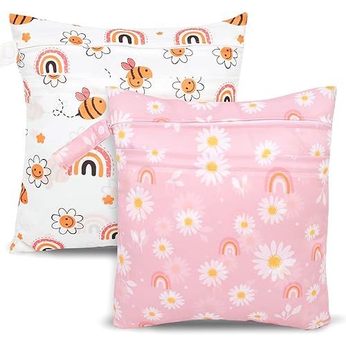 2pcs Wet Dry Bags, Waterproof Reusable Wet Bag with 2 Zipper Pockets & Handle, Washable Laundry Bags for Baby Adult Clothes Travel Beach Pool Daycare Yoga Gym Exercise Swimsuits,
