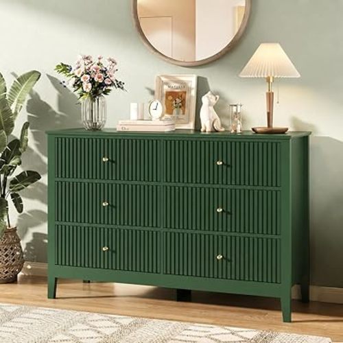 Green Dresser for Bedroom, 6 Drawers Fluted Chest of Drawers with Storage, Modern 47'' Wide Dresser with Paint Design, Wood Drawer Organizer Dressers for Entryway, Hallway