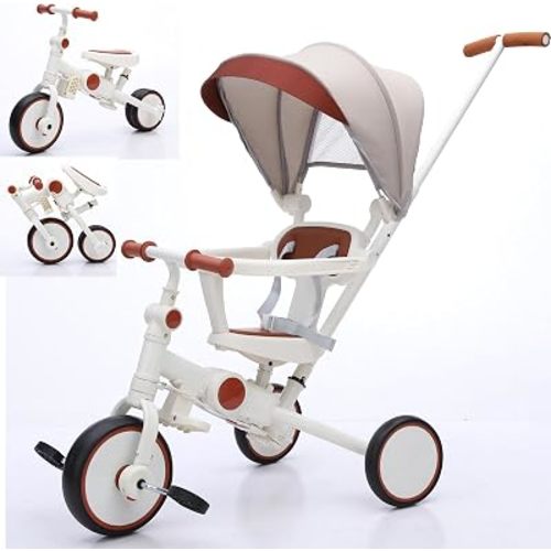 Toddler Push Foldable Tricycle with Canopy, 8 in 1 Balance Trike Baby Bike with Handle Toddler Tricycle for 1-3,Kids Folding Tricycles Chrismas and Birthday Gift for Boy and Girl Trike