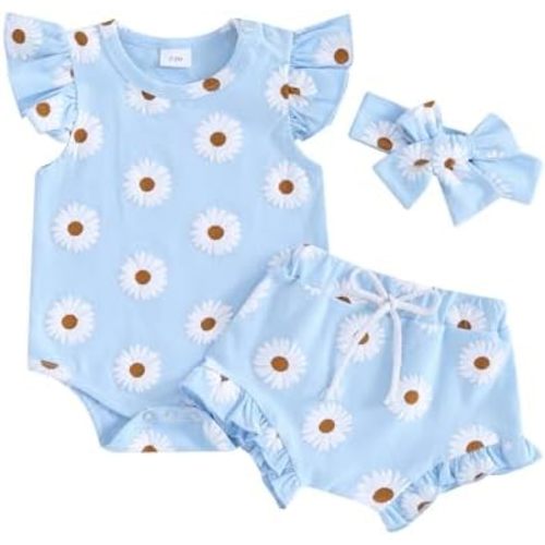 Hnyenmcko Newborn Baby Girl Clothes Daisy Print Fly Sleeve Romper Ruffle Bloomer Shorts Headband Set Infant Summer Outfits