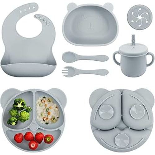 Baby Led Weaning Supplie, Silicone Baby Feeding Set with Suction Plate and Bowl, Toddler Self Feeding Essentials with Spoons Forks Bib Sippy Cup, Eating Utensils for 6+ Months (10 Pcs)