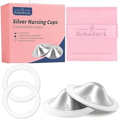 Boboduck The Original Silver Nursing Cups - 999 Silver Nipple Covers Breastfeeding - Protect and Soothe Sore Nipples - Breastfeeding Essentials Silver Nipple Guards with Soft Silicone Ring (X-Large)
