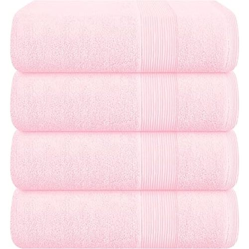 Belizzi Home 4 Pack Bath Towel Set 27x54, 100% Ring Spun Cotton, Ultra Soft Highly Absorbent Machine Washable Hotel Spa Quality Bath Towels for Bathroom, 4 Bath Towels Pink