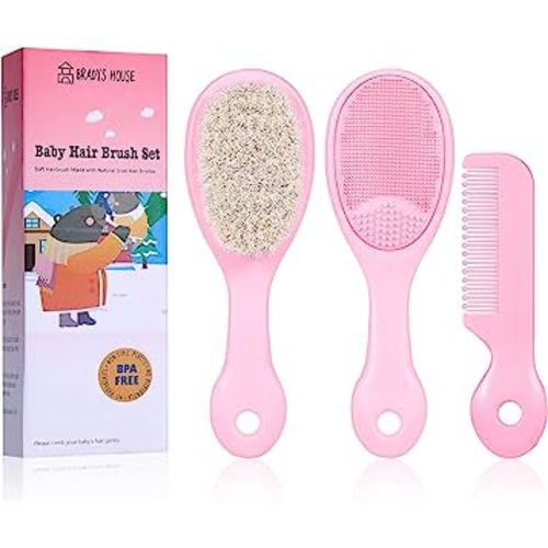 3 Piece Baby Hair Brush and Comb Set for Newborns and Toddlers (Pink)