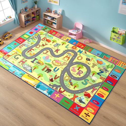 Terrug Kids Rug for Playroom, Educational Classroom Rug for Kids Room, Washable Nursery Rug Carpet Non Slip Playroom Rug Play Mat for Learning ABC Rug, Numbers, Animal, Colors, Season, 5X7 Feet, Green