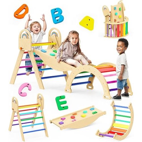 Pikler Triangle Set, 9-in-1 Foldable Wooden Climbing Toy for Toddler 18M-7Y, Montessori Climber Gifts, Indoor Jungle Gym with Arch&Ramp&Ladder for Kids to Learning Through Playing