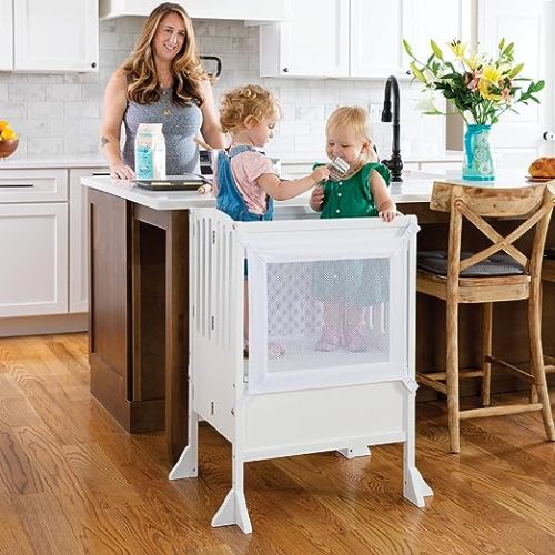 Guidecraft Contemporary Double Kitchen Helper® Stool - White: Extra-Wide Foldable Safety Tower for Two Toddlers; Adjustable Height, Wooden Counter Step Stool | Little Kids Learning Furniture