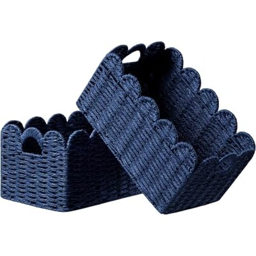 UBBCARE 2 Pack Wicker Basket, 13.4L×8.3H×7.1W inch Woven Paper Rope Storage Baskets for shelves, Foldable Rectangular Storage Baskets with Handle, Storage Basket for Organizing, Blue