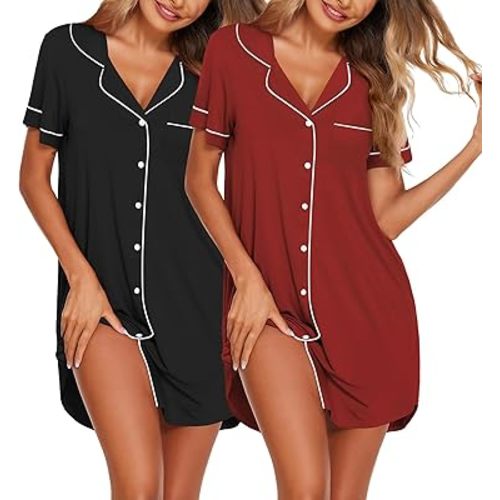 Ekouaer Nightgowns for Women 2 Pack Button Down Sleepwear Short Sleeve Sleepshirts Soft Nightshirts Boyfriend Pajama Dress